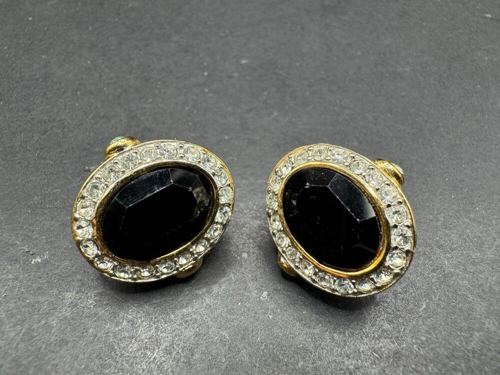 Givenchy Gold Tone Oval Black Stone Rhinestone Halo Clip-On Earrings Vintage